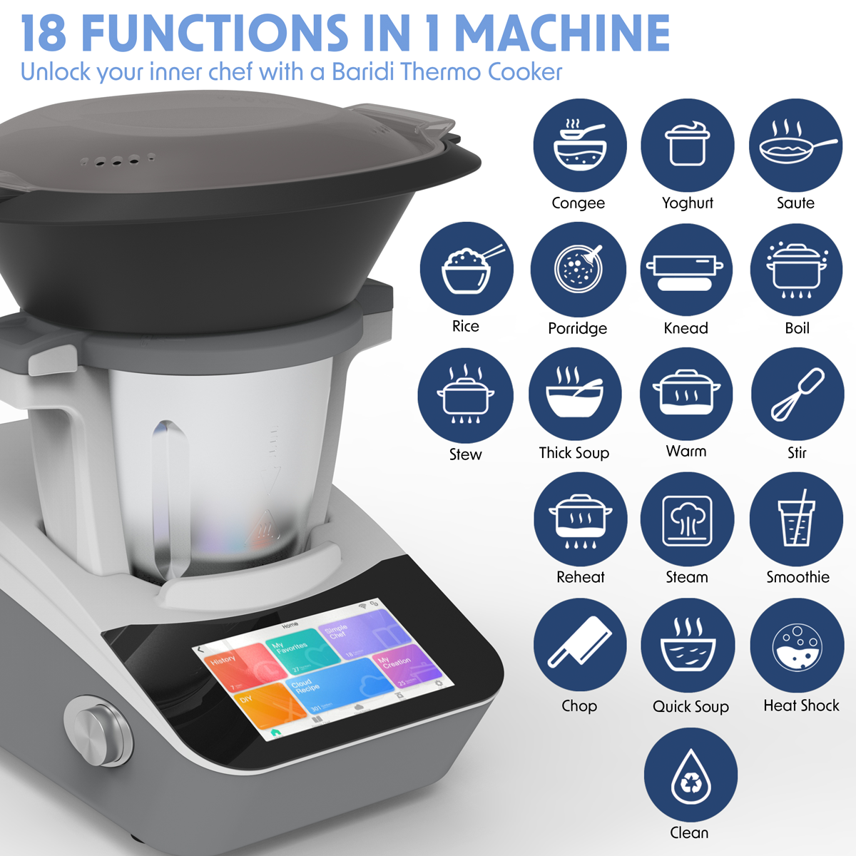 Baridi Smart Thermo-Cooker with 7" Touchscreen & App-Guided Recipes with 18 Preset Functions