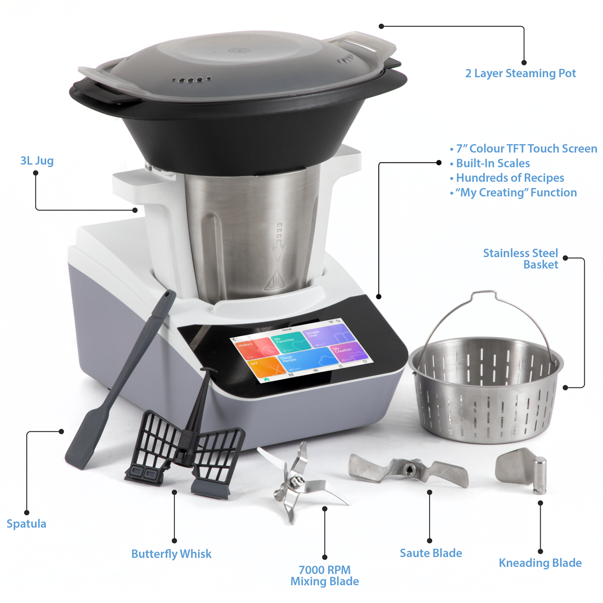 Baridi Smart Thermo-Cooker with 7" Touchscreen & App-Guided Recipes with 18 Preset Functions