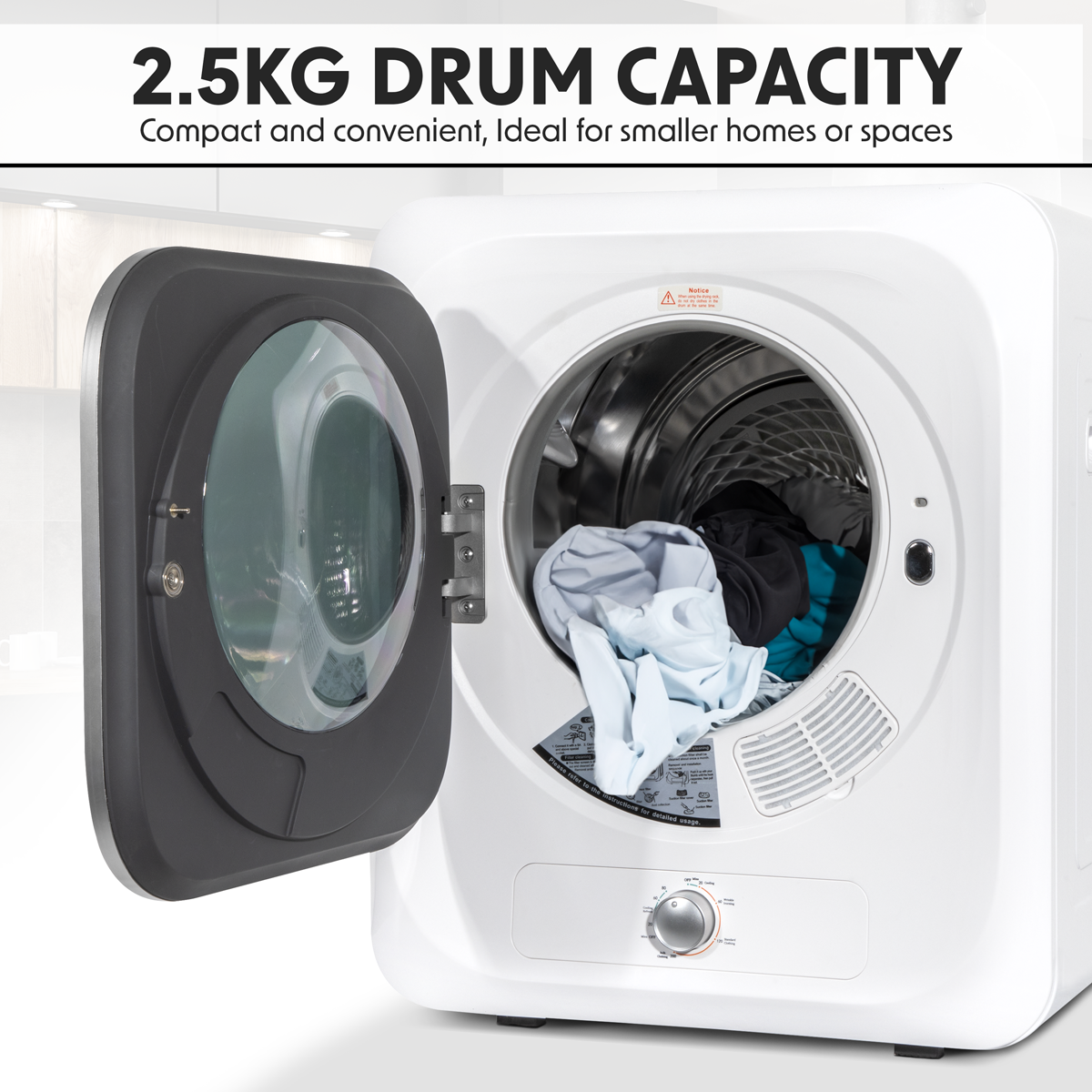 Baridi Tabletop Tumble Dryer with Analogue Controls 2.5kg Capacity - White