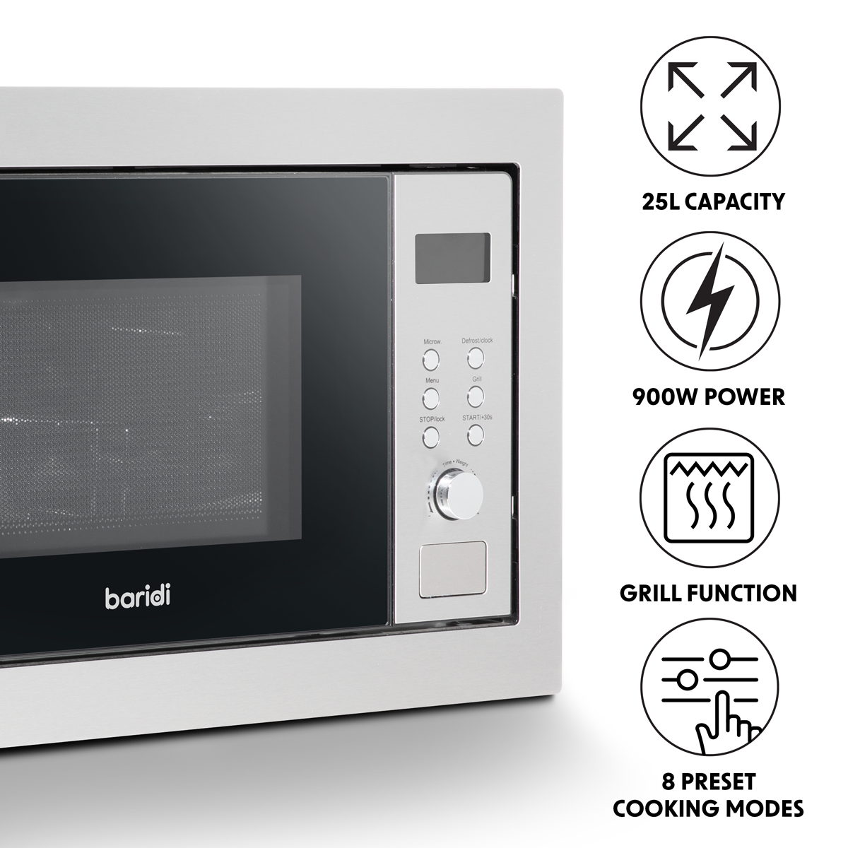 Baridi Integrated Microwave Oven with Grill 25L Capacity 900W - Stainless Steel