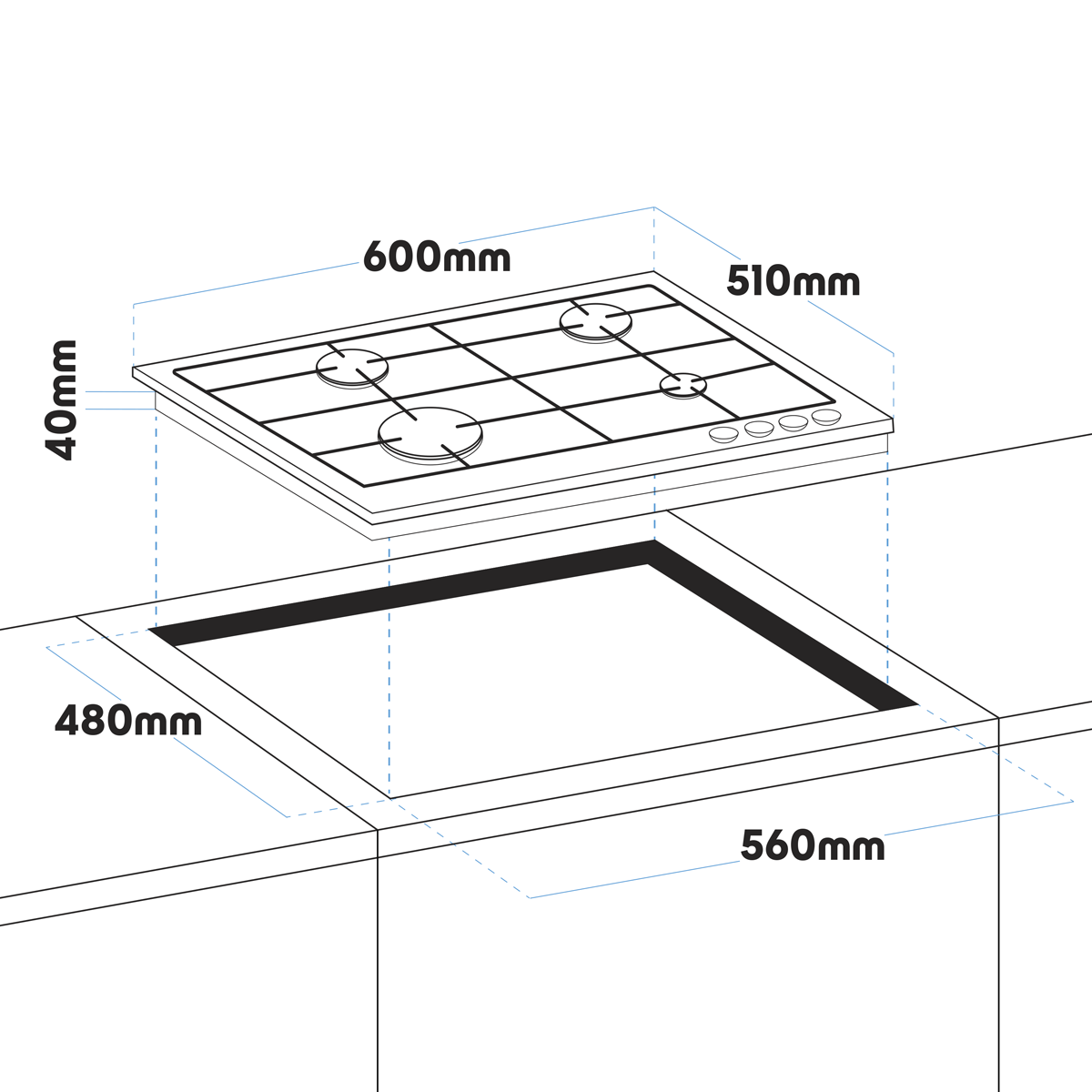 Baridi Gas Hob with 4 Cooking Zones 60cm