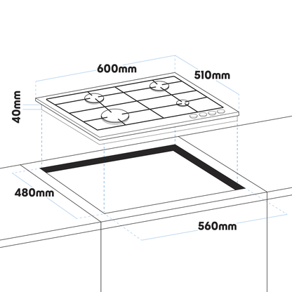 Baridi Gas Hob with 4 Cooking Zones 60cm