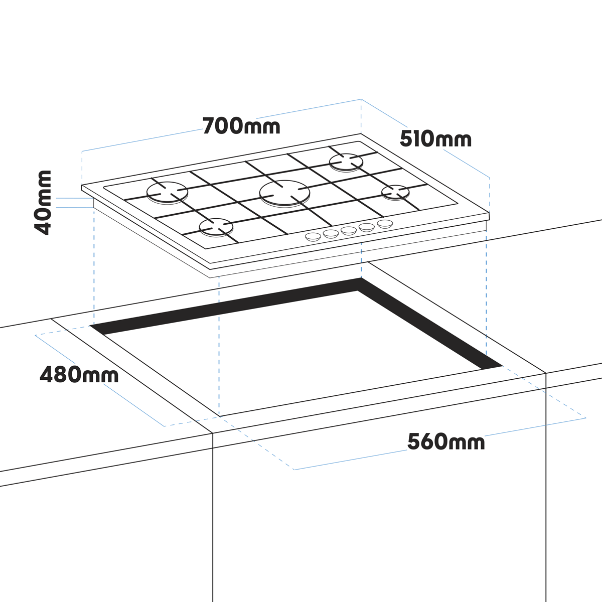 Baridi Gas Hob with 5 Cooking Zones 70cm