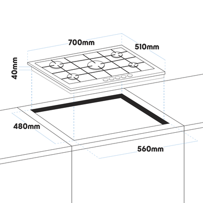Baridi Gas Hob with 5 Cooking Zones 70cm