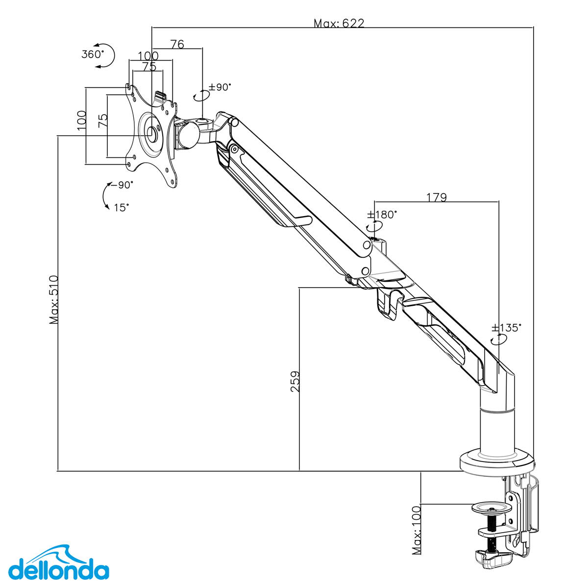 Dellonda Adjustable Single Monitor Arm with 360° Rotation - White