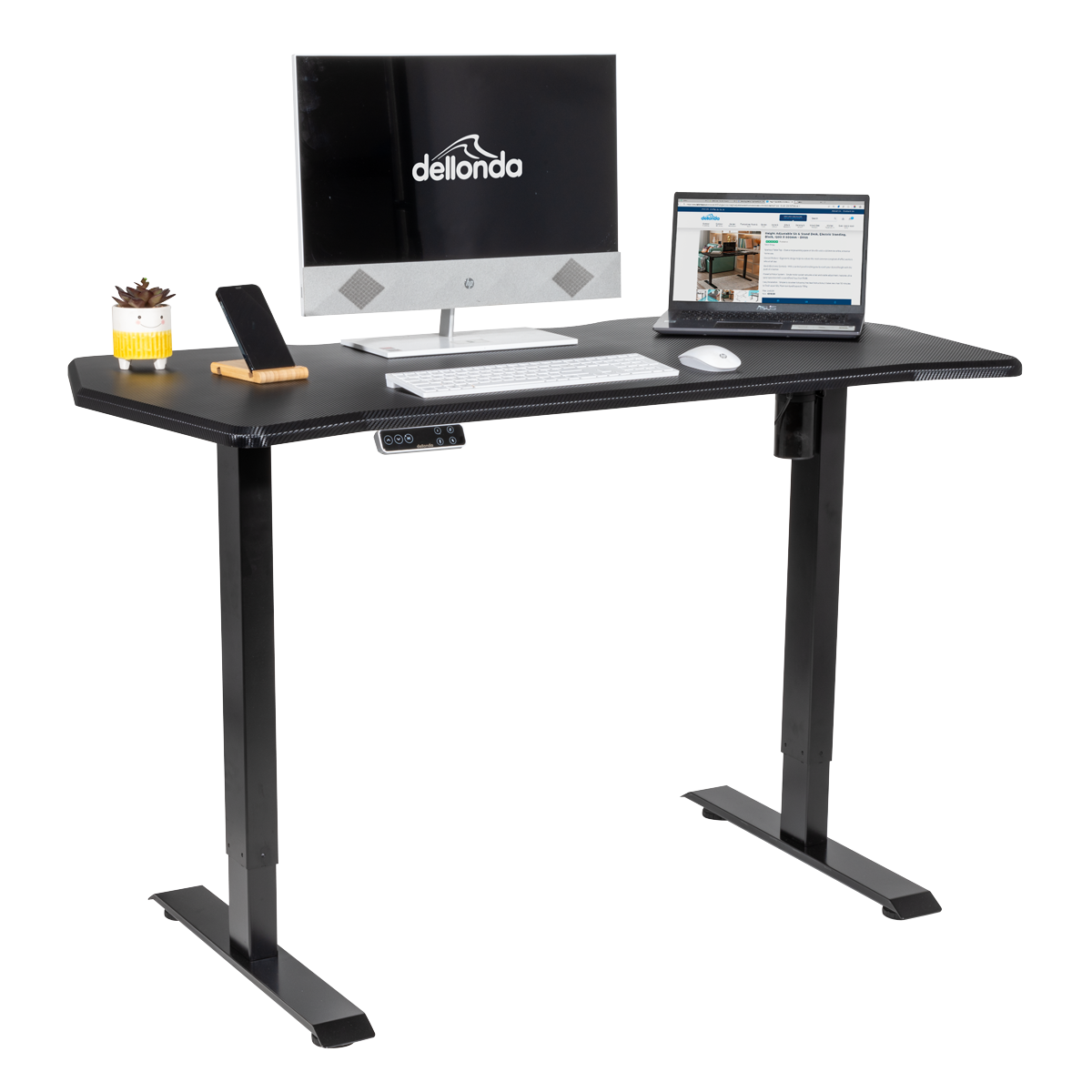 Dellonda Carbon Fibre Effect Electric Height Adjustable Standing Desk with Memory, Quiet, 1400 x 700mm