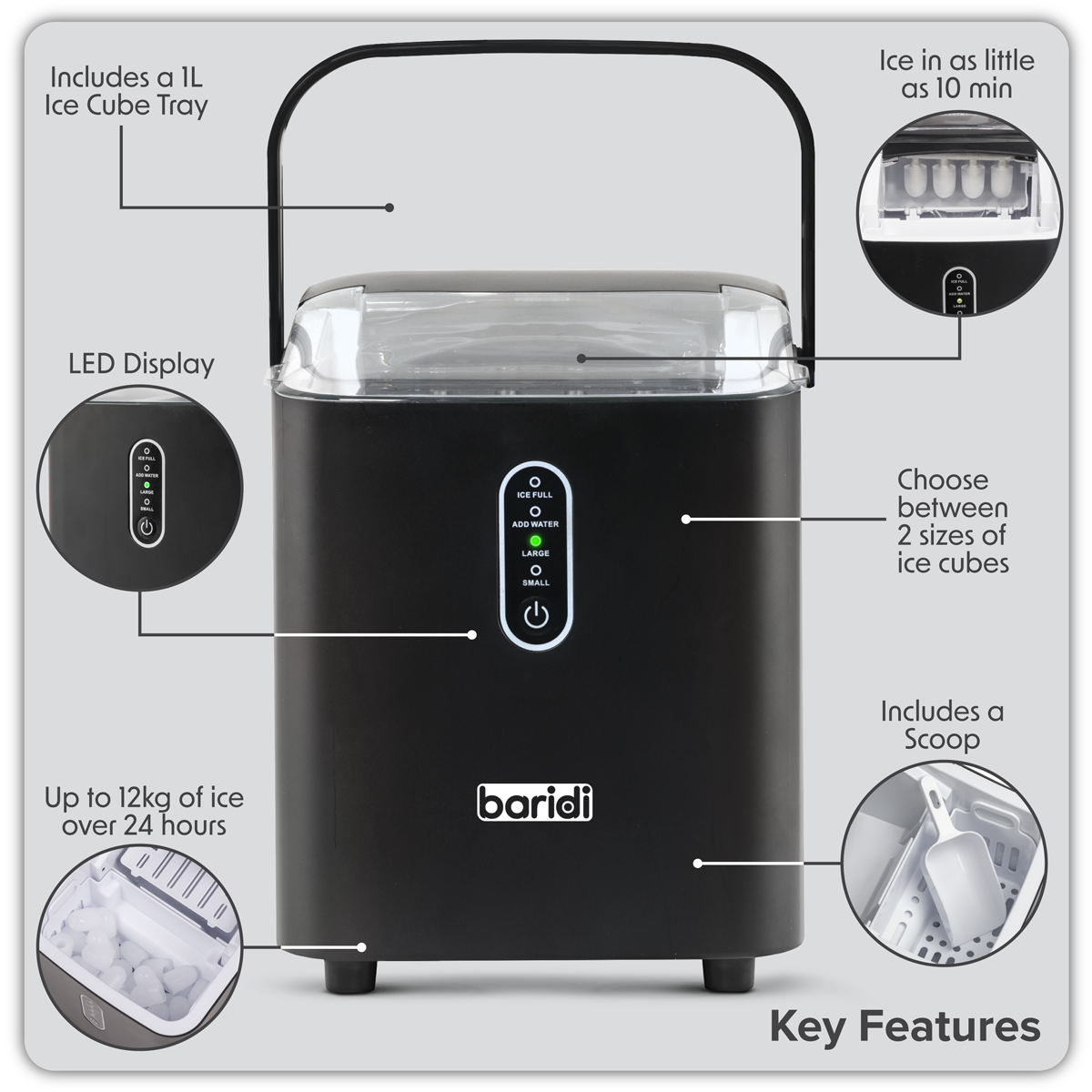 Baridi Ice Cube Maker with LED Display & 10 Minute Freeze