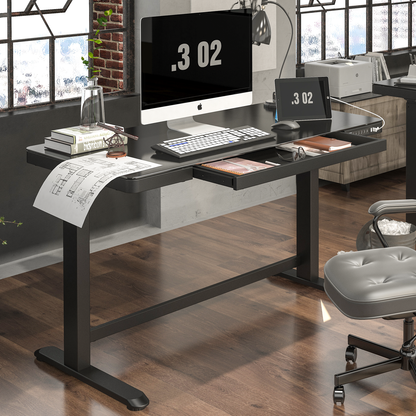 Dellonda Single Motor Ultra-Quiet Electric Desk with Control Panel, USB Port & Drawer - Black Desktop