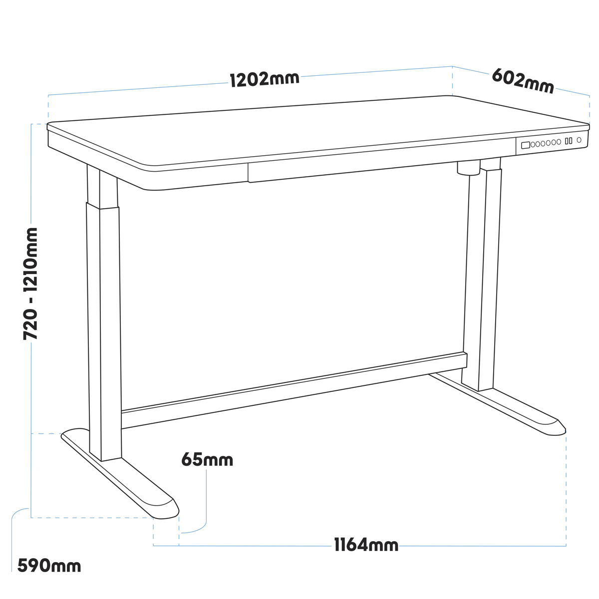 Dellonda Single Motor Ultra-Quiet Electric Desk with Control Panel, USB Port & Drawer - Black Desktop