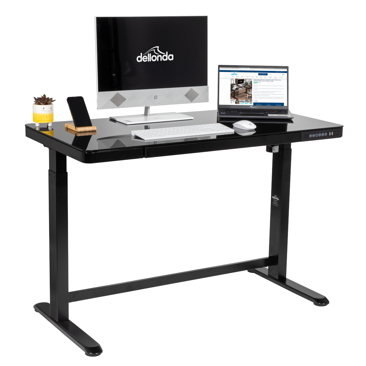 Dellonda Single Motor Ultra-Quiet Electric Desk with Control Panel, USB Port & Drawer - Black Desktop