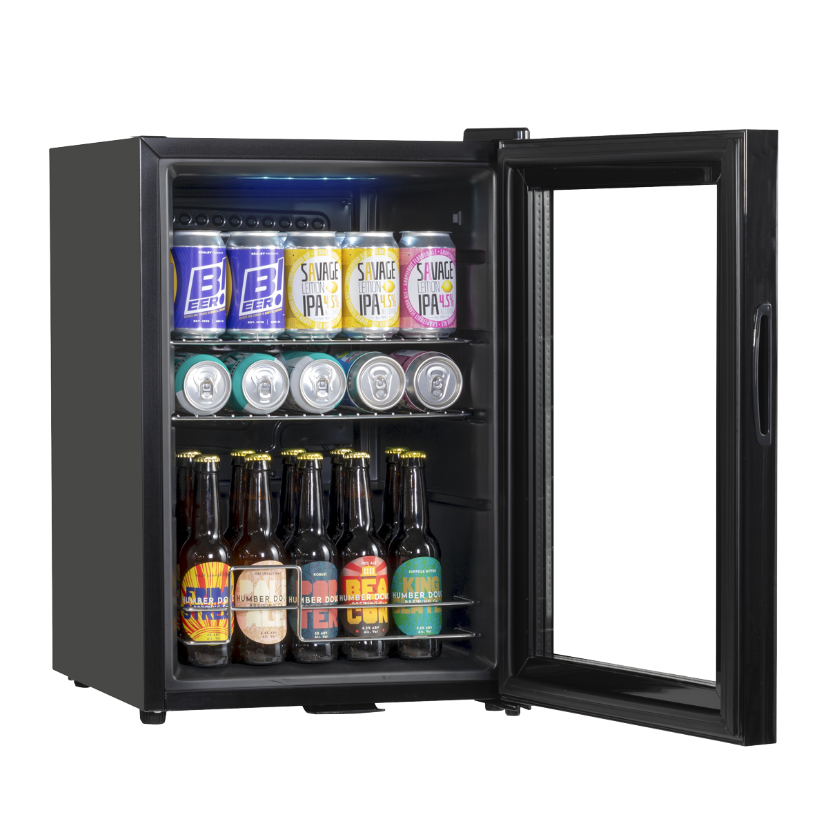 Baridi Beer & Drinks Fridge with LED Light, Black and Glass Door 60L