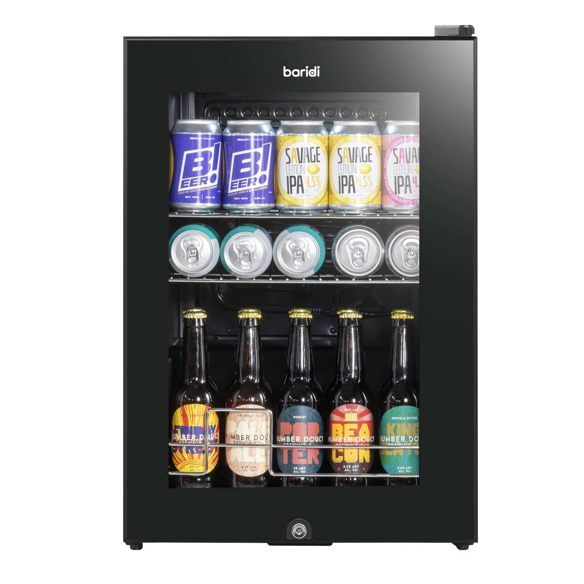 Baridi Beer & Drinks Fridge with LED Light, Black and Glass Door 60L