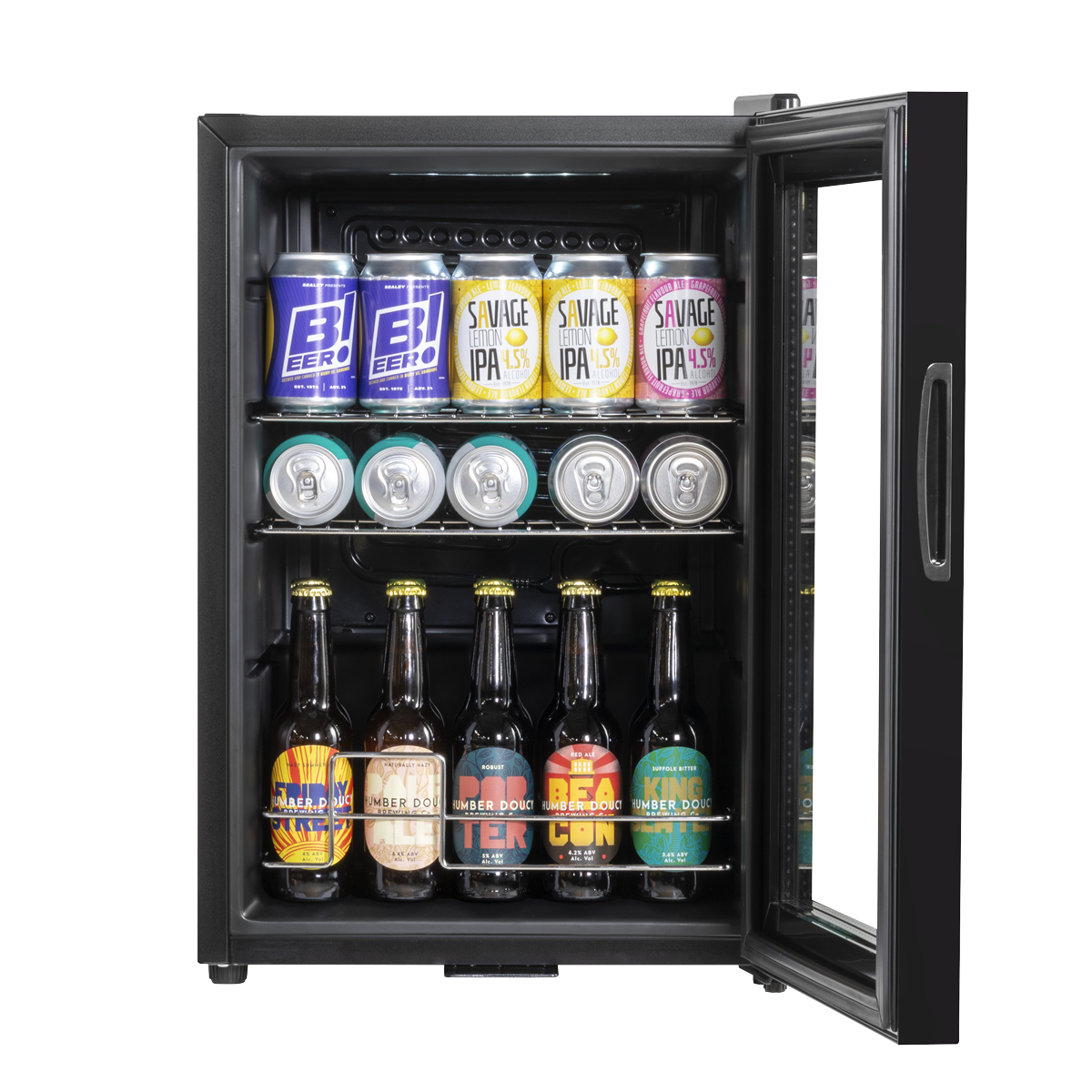 Baridi Beer & Drinks Fridge with LED Light, Black and Glass Door 60L
