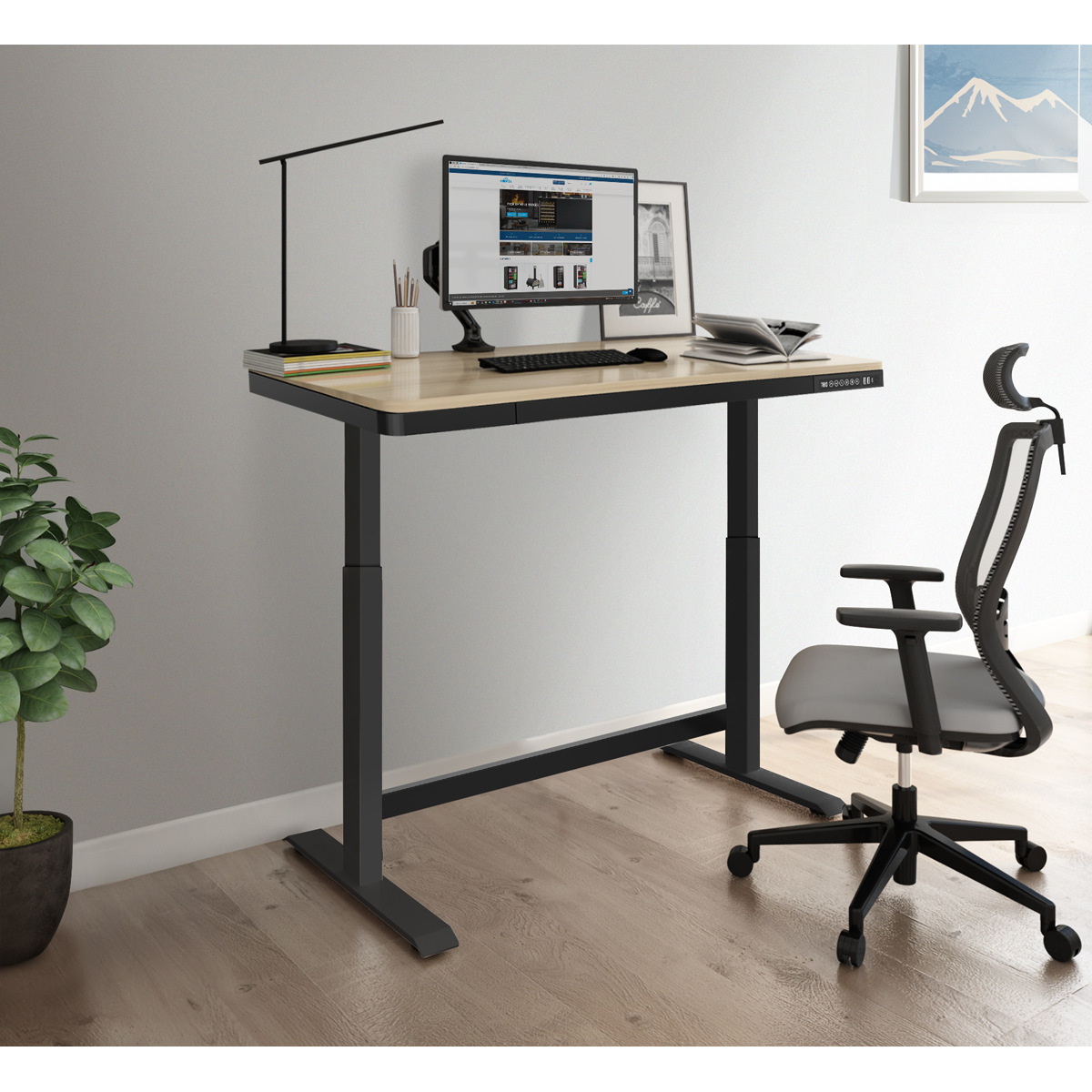Dellonda Single Motor Ultra-Quiet Electric Desk with Control Panel, USB Port & Drawer - Oak Desktop