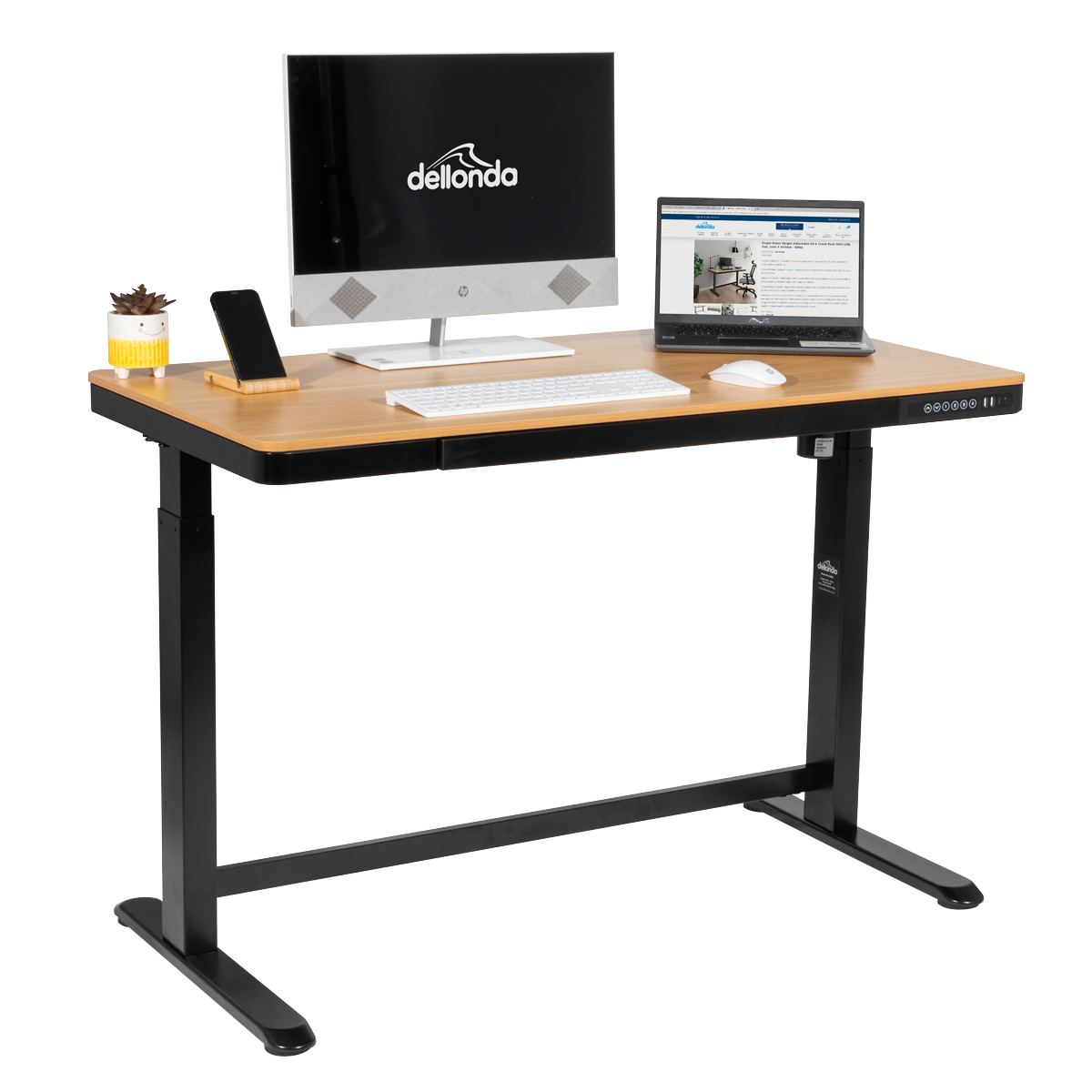 Dellonda Single Motor Ultra-Quiet Electric Desk with Control Panel, USB Port & Drawer - Oak Desktop
