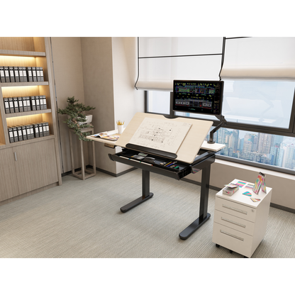 Dellonda Single Motor Ultra-Quiet Electric Adjustable Drawing Table with 40° Tilt, Drawer & Side Table