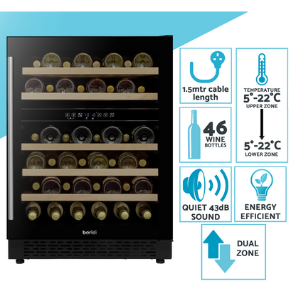 Baridi 46 Bottle Under-Counter/Freestanding Dual Zone Fridge & Cooler 60cm