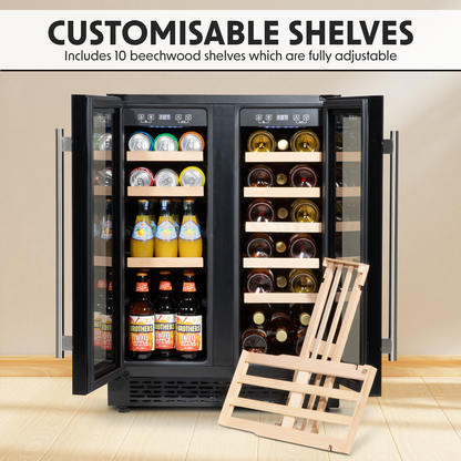 Baridi 40 Bottle/120 Can Under-Counter/Freestanding Dual Zone Wine Fridge & Cooler 60cm
