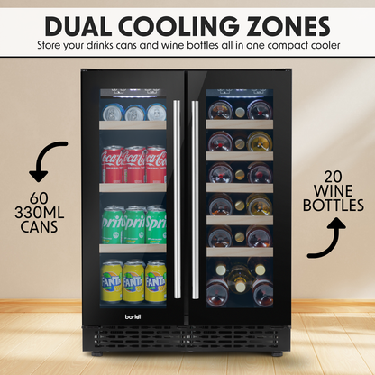 Baridi 40 Bottle/120 Can Under-Counter/Freestanding Dual Zone Wine Fridge & Cooler 60cm