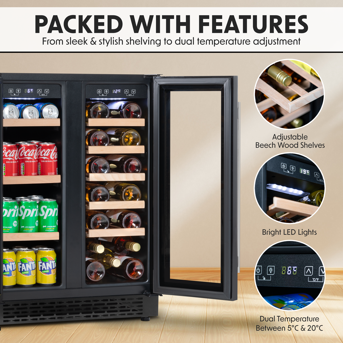 Baridi 40 Bottle/120 Can Under-Counter/Freestanding Dual Zone Wine Fridge & Cooler 60cm
