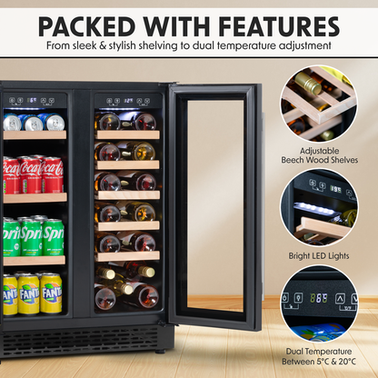 Baridi 40 Bottle/120 Can Under-Counter/Freestanding Dual Zone Wine Fridge & Cooler 60cm