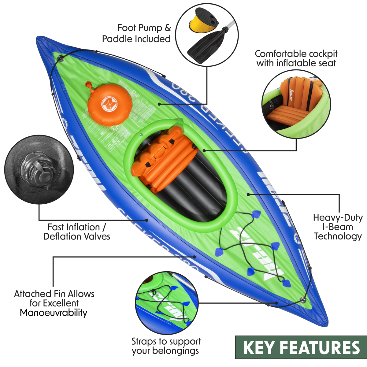 Dellonda Inflatable One-Person Kayak/Canoe Set with Pump, Carry Bag & Aluminium Oar - Blue/Green