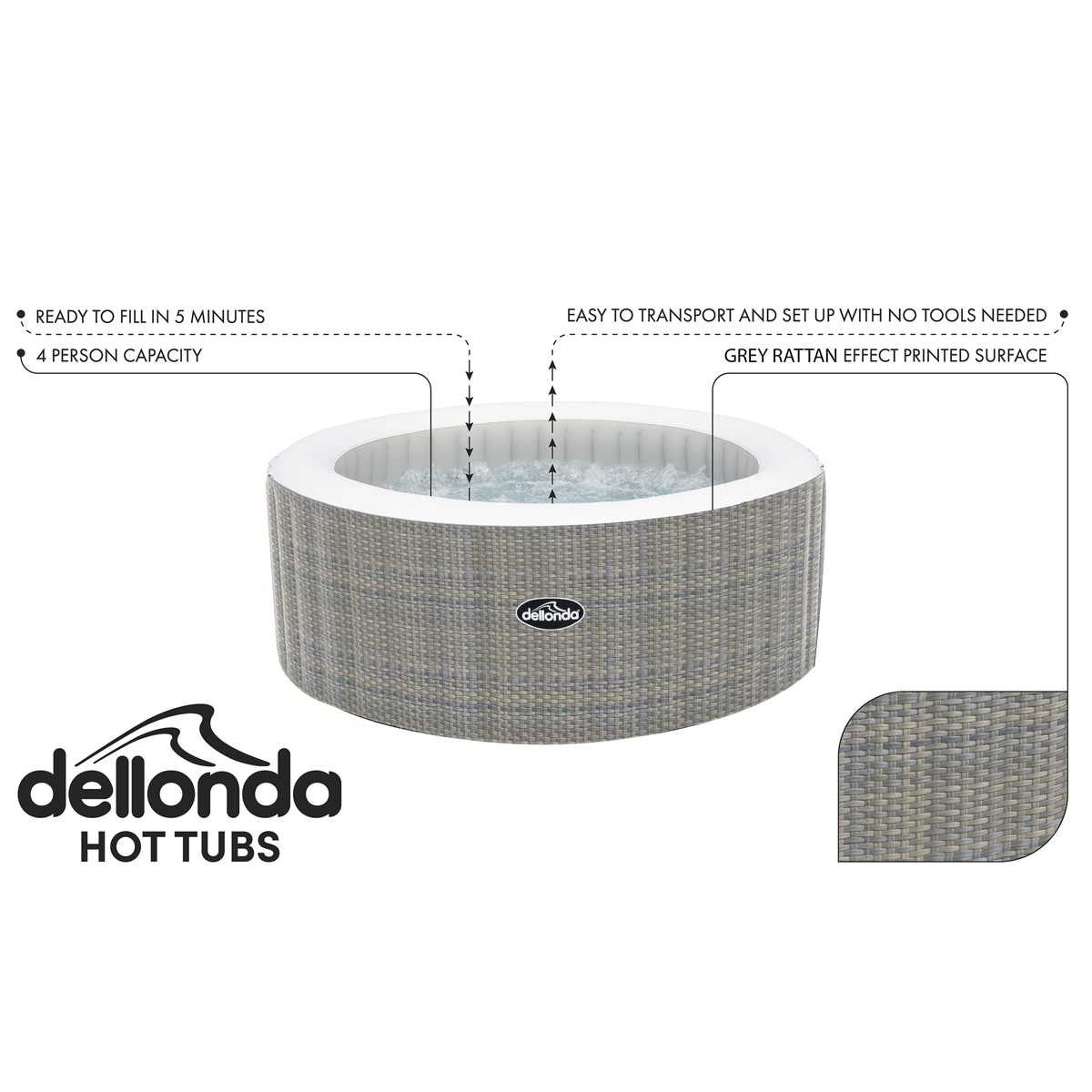 Dellonda 2-4 Person Inflatable Hot Tub/Spa with Smart Pump - Rattan Effect
