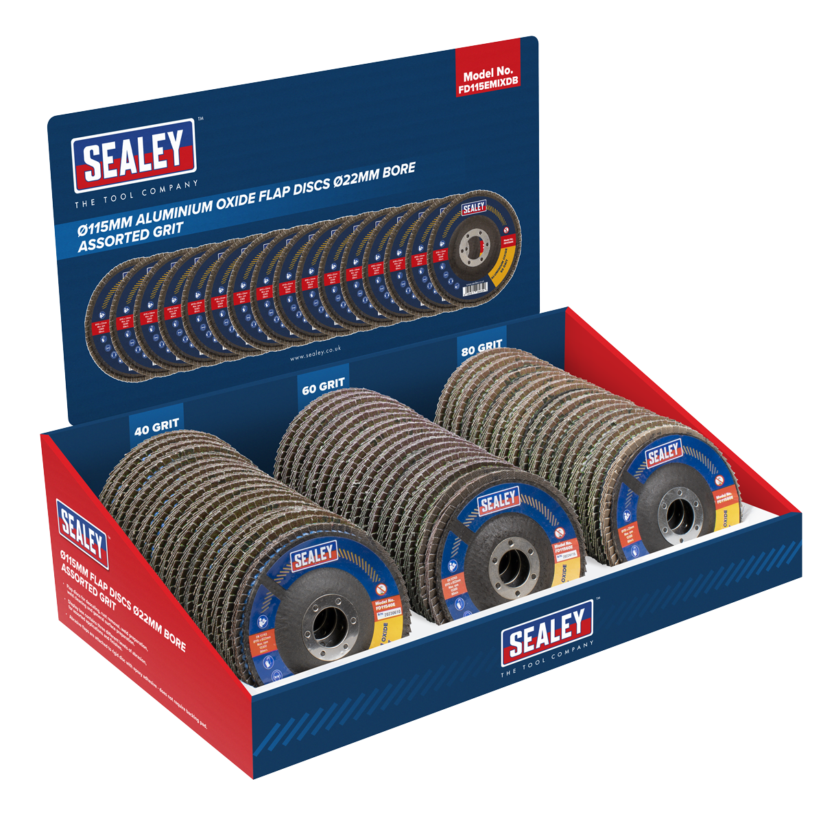 Assorted Grit Flap Discs Aluminium Oxide 115mm 22mm Bore - Display Box of 60