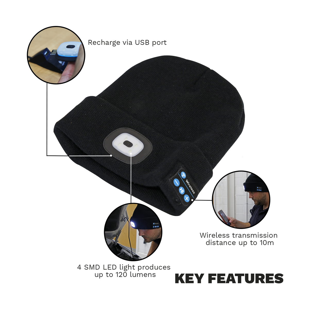 Rechargeable USB Beanie Hat with Wireless Headphones 1W SMD LED