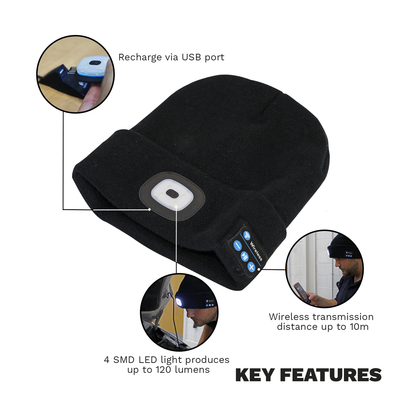 Rechargeable USB Beanie Hat with Wireless Headphones 1W SMD LED
