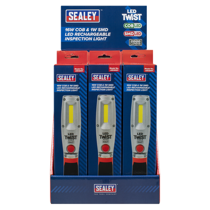 LED Twist Rechargeable Inspection Light 16W COB & 1W SMD - Display Box of 12
