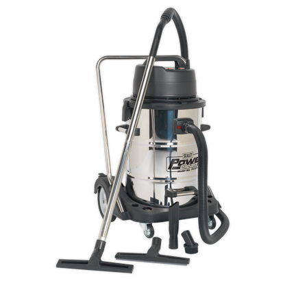 Industrial Vacuum Cleaner Wet & Dry Stainless Steel Drum with Swivel Emptying 77L 2400W