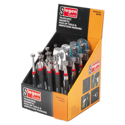 Siegen Telescopic Magnetic Pick-Up Tools & Inspection Mirrors - Display Box of 20