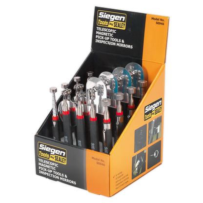 Siegen Telescopic Magnetic Pick-Up Tools & Inspection Mirrors - Display Box of 20
